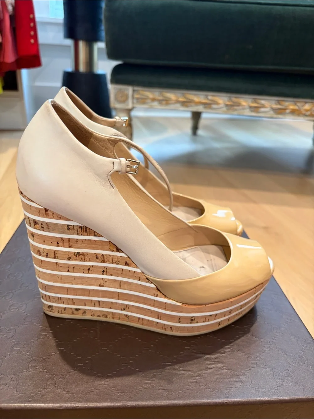 Gucci Yellow Patent Leather Peep-Toe Platform Heels with Ankle Strap
